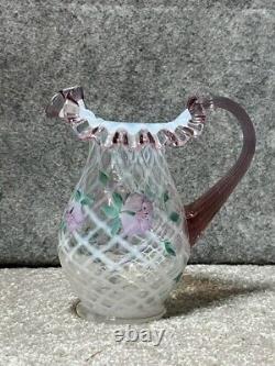 Fenton Ruffled French Opalescent Pitcher White Diamond Optic Hand Painted Signed
