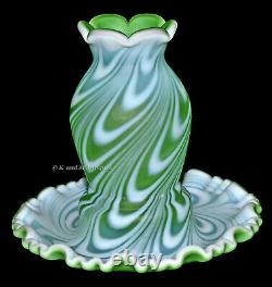 Fenton Swirled Feather Green Opalescent Satin #2090 Fairy Lamp / Light