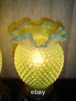 Fenton TOPAZ VASELINE GLASS Opalescent hobnail vase lamp