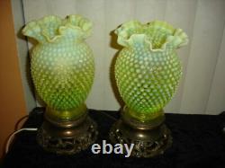 Fenton TOPAZ VASELINE GLASS Opalescent hobnail vase lamp