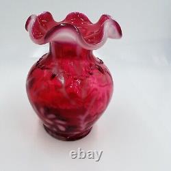 Fenton Vase Art Glass Cranberry Red Color Daisy Fern Opalescent Vintage Design