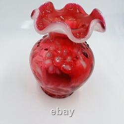 Fenton Vase Art Glass Cranberry Red Color Daisy Fern Opalescent Vintage Design