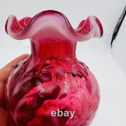 Fenton Vase Art Glass Cranberry Red Color Daisy Fern Opalescent Vintage Design