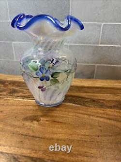 Fenton Vase Blue Crest Butterfly Floral Opalescent Swirl 95th Anniversary 5.75