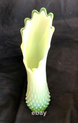 Fenton Vaseline Glass Topaz Opalescent Hobnail Swung 13 Vase MID Century Modern