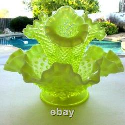 Fenton Vaseline Hobnail Opalescent Art Glass Flower Epergne Vase USA