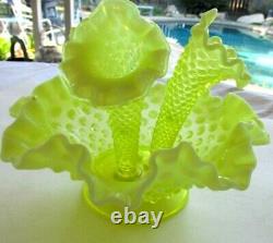 Fenton Vaseline Hobnail Opalescent Art Glass Flower Epergne Vase USA