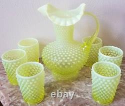 Fenton Vaseline Opalescent Glass Hobnail Water Set 7 Pc Original Vintage USA