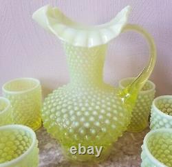 Fenton Vaseline Opalescent Glass Hobnail Water Set 7 Pc Original Vintage USA