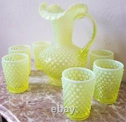 Fenton Vaseline Opalescent Glass Hobnail Water Set 7 Pc Original Vintage USA