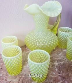 Fenton Vaseline Opalescent Glass Hobnail Water Set 7 Pc Original Vintage USA