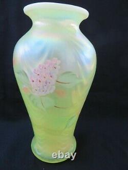 Fenton Yellow Topaz Vaseline Opalescent Drapery Vase HP Hydrangeas Butterfly 9.5