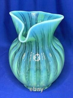 Fenton green opalescent art glass Rib Optic pattern pitcher