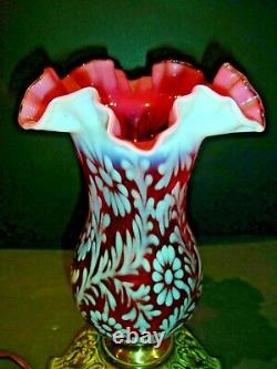 Fenton -l. G. Wright Dayzy & Fern Cranberry Opalescent Glass Lamp- Vase