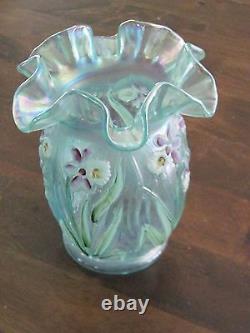 Fenton opalescent hand painted ruffled vase C. Riggs