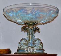 France Large Art Deco Opalescent Glass Bowl Gilded Bronze Base, Signed