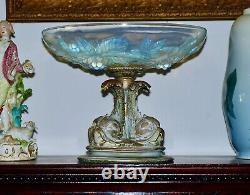 France Large Art Deco Opalescent Glass Bowl Gilded Bronze Base, Signed