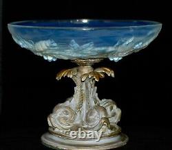 France Large Art Deco Opalescent Glass Bowl Gilded Bronze Base, Signed