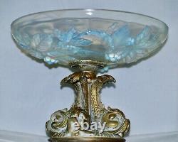 France Large Art Deco Opalescent Glass Bowl Gilded Bronze Base, Signed