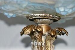 France Large Art Deco Opalescent Glass Bowl Gilded Bronze Base, Signed