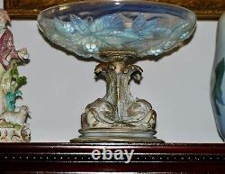 France Large Art Deco Opalescent Glass Bowl Gilded Bronze Base, Signed