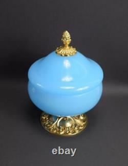 French Antique Blue Opaline Lidded Opaline Candy Box Gilded Brass Stand