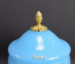 French Antique Blue Opaline Lidded Opaline Candy Box Gilded Brass Stand