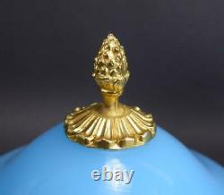 French Antique Blue Opaline Lidded Opaline Candy Box Gilded Brass Stand