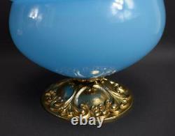 French Antique Blue Opaline Lidded Opaline Candy Box Gilded Brass Stand