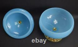 French Antique Blue Opaline Lidded Opaline Candy Box Gilded Brass Stand