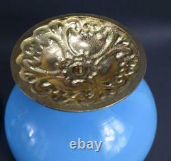 French Antique Blue Opaline Lidded Opaline Candy Box Gilded Brass Stand