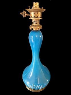 French Art Deco Blue Opaline Gold Flecked Glass & Brass Electiried Lantern