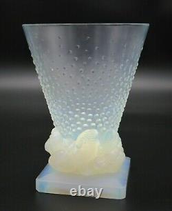 French Art Deco SABINO Opalescent Conical & Bird Art Glass Vase Signed & Labeled