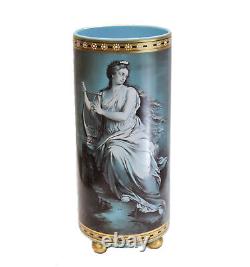 French Blue Opaline Art Glass Painted Enamel Vase, circa 1900. Beauty with Harp