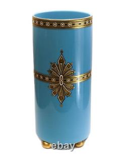 French Blue Opaline Art Glass Painted Enamel Vase, circa 1900. Beauty with Harp