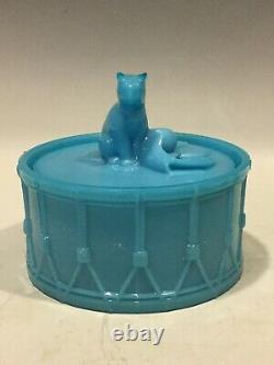 French Blue Opaline Milk Glass Cat On Drum Box Portieux Vallerysthal PV France