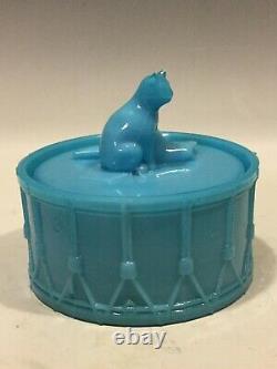 French Blue Opaline Milk Glass Cat On Drum Box Portieux Vallerysthal PV France