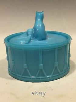 French Blue Opaline Milk Glass Cat On Drum Box Portieux Vallerysthal PV France