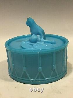 French Blue Opaline Milk Glass Cat On Drum Box Portieux Vallerysthal PV France