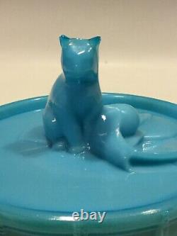 French Blue Opaline Milk Glass Cat On Drum Box Portieux Vallerysthal PV France