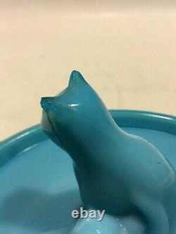 French Blue Opaline Milk Glass Cat On Drum Box Portieux Vallerysthal PV France
