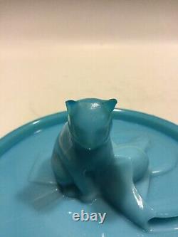 French Blue Opaline Milk Glass Cat On Drum Box Portieux Vallerysthal PV France