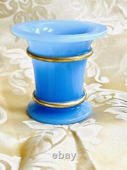 French Blue opaline glass Gold vase 3.75x3.5 Daves Hollywood Estate