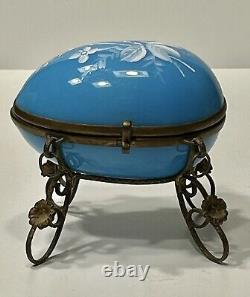 French Mary Gregory Enameled Light Blue Opaline Art Glass Egg Perfume Casket