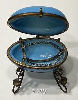 French Mary Gregory Enameled Light Blue Opaline Art Glass Egg Perfume Casket