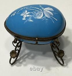 French Mary Gregory Enameled Light Blue Opaline Art Glass Egg Perfume Casket