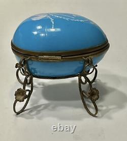 French Mary Gregory Enameled Light Blue Opaline Art Glass Egg Perfume Casket