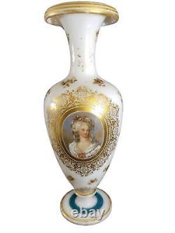 French Opaline Art Glass Portrait Vase 14.25 tall all hand painted C. 1870