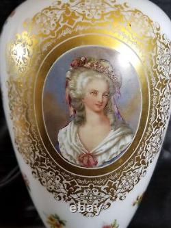 French Opaline Art Glass Portrait Vase 14.25 tall all hand painted C. 1870
