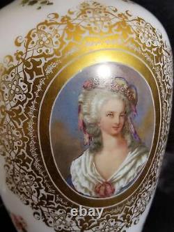 French Opaline Art Glass Portrait Vase 14.25 tall all hand painted C. 1870
